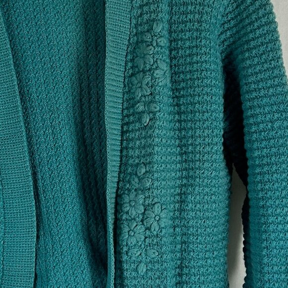 RosaLee Vintage Wool Cardigan Crewel Embroidered Turquoise L (Holes) - Picture 3 of 7